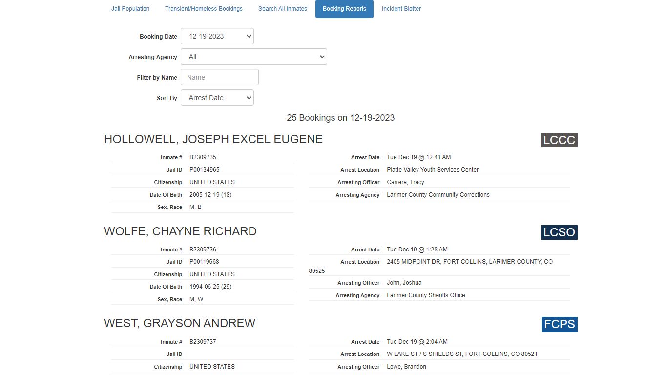 Booking Report - Larimer County Sheriff